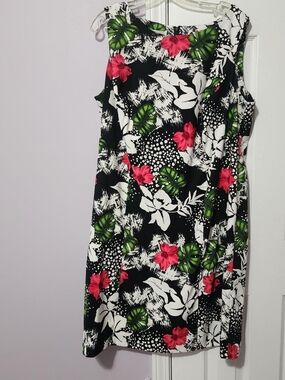 dressbarn Black Floral Tropical Mini Dress with Pink & Green Accents